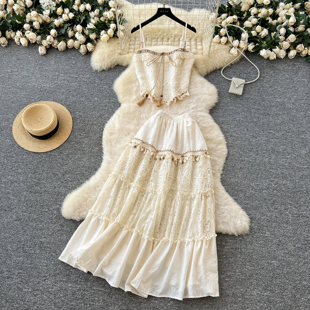 New Summer 2 Piece Set Women Sleeveless Top High Waist Mesh Skirts Set